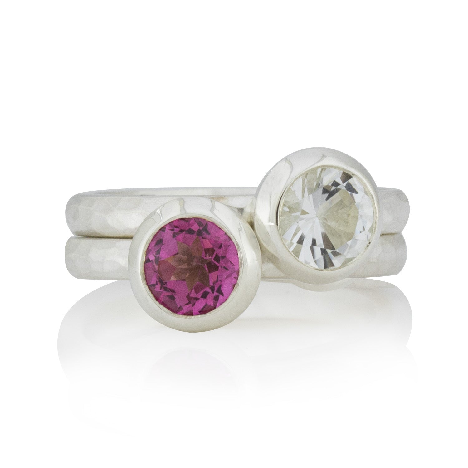 2 Silberring im Set: Geschmiedete Ringe,Topas, pink, weiß
