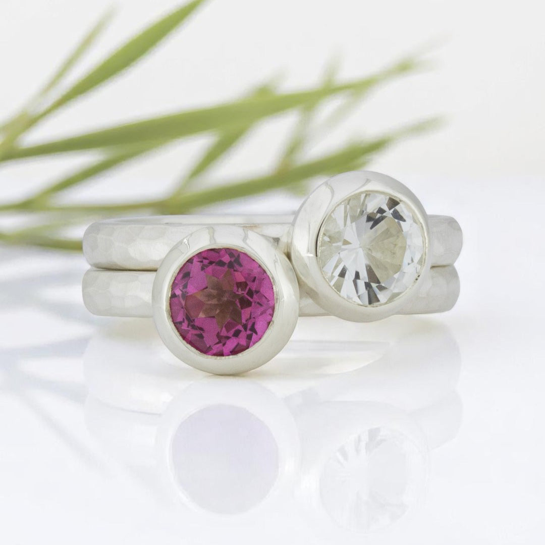 2 Silberring im Set: Geschmiedete Ringe,Topas, pink,weiß
