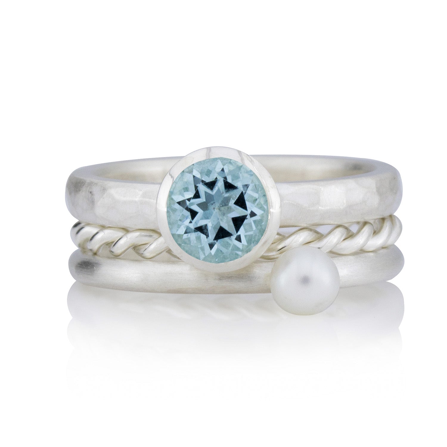 3 Silberring im Set: Geschmiedeter Ring mit Topas, Kordelring, Perlring