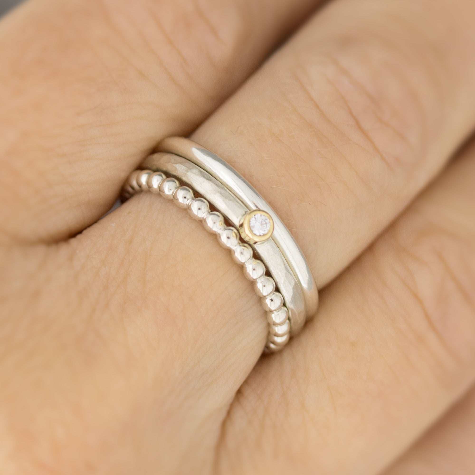 3 Silberinge im Set: Diamantring, Kügelchenring, polierter Ring