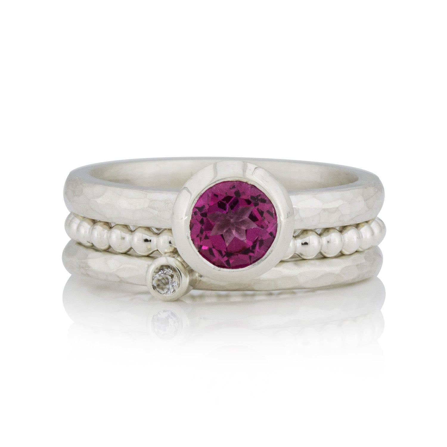 3 Silberring im Set: Geschmiedete Ringe mit Topas, pink, Kügelchenring