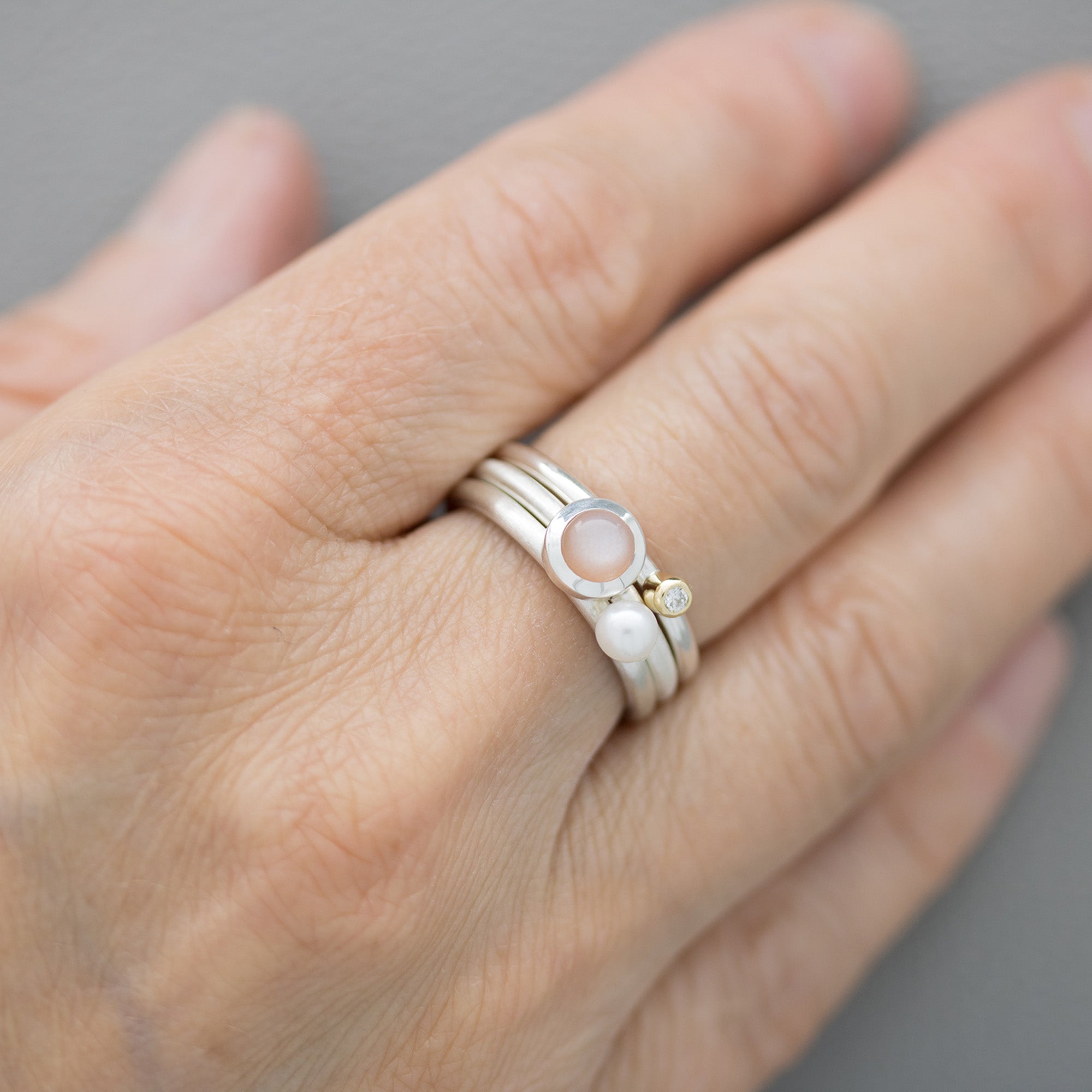 3 Silberringe im Set: Diamantring, Perlring, Mondsteinring rosa