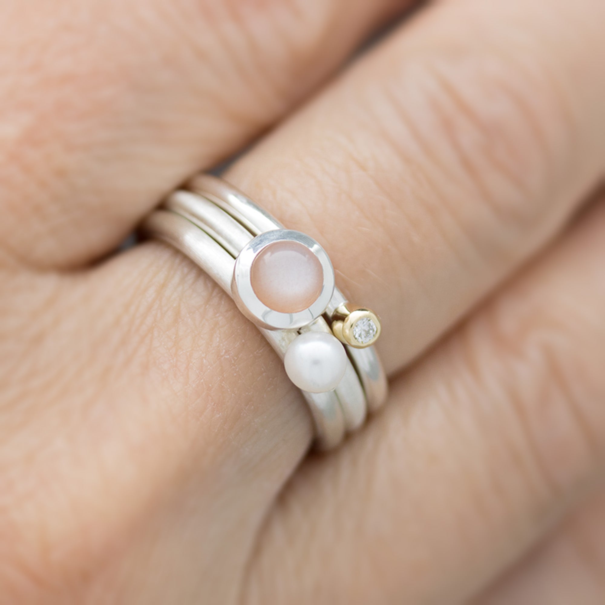 3 Silberringe im Set: Diamantring, Perlring, Mondsteinring rosa