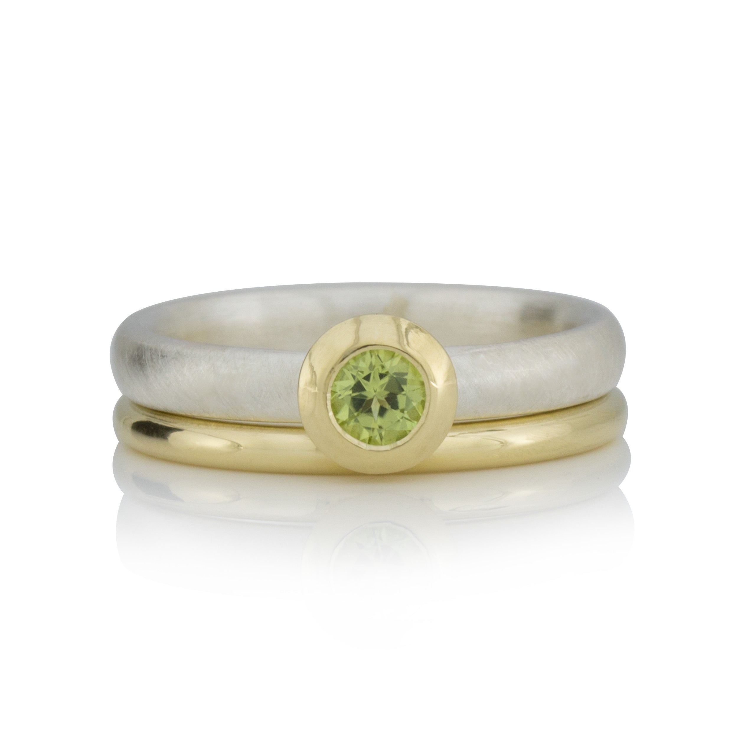 Silberring, ovale Ringschiene, Peridot, Goldfassung