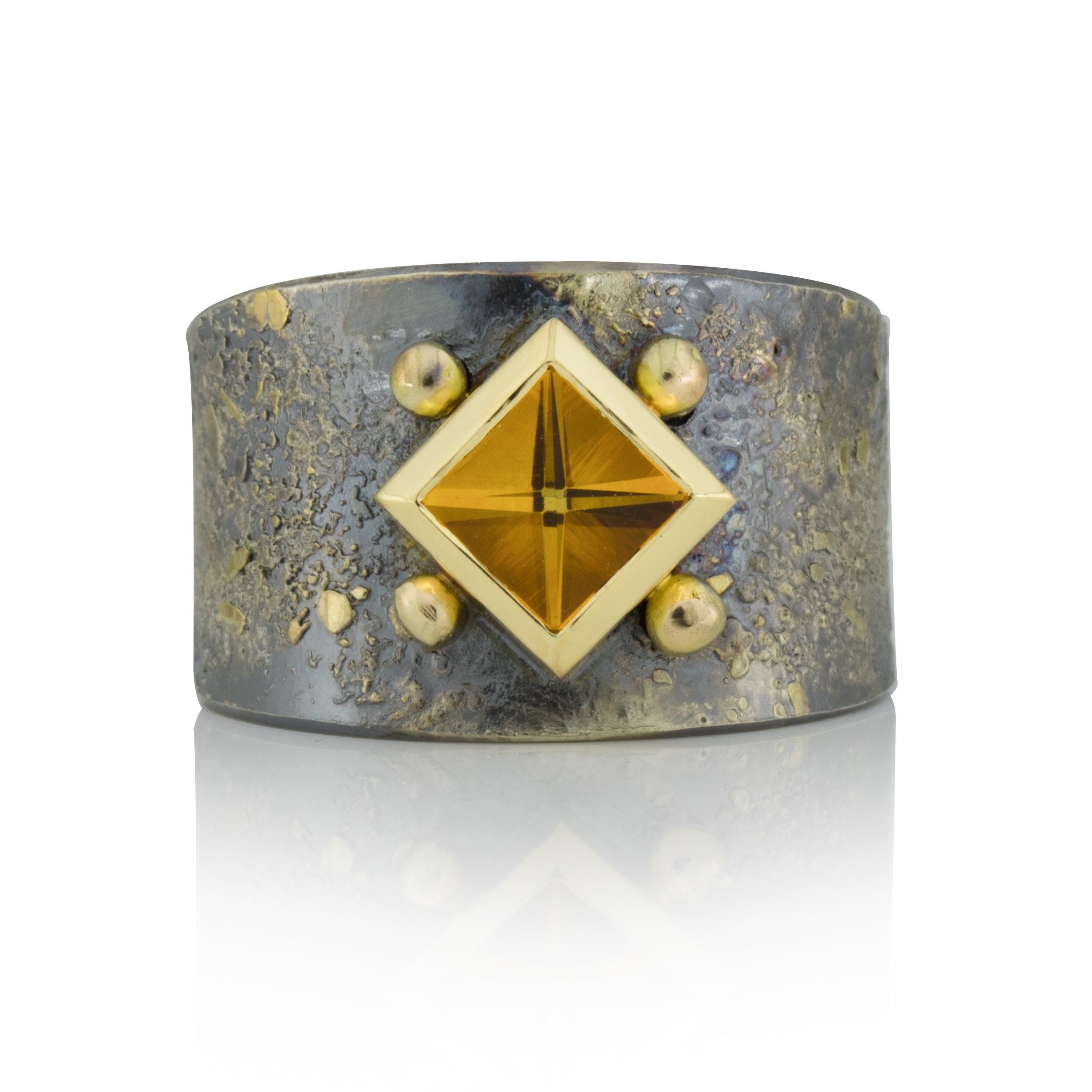 Gr. 60 - Citrincarre, Silberring geschwärzt, Goldauflage