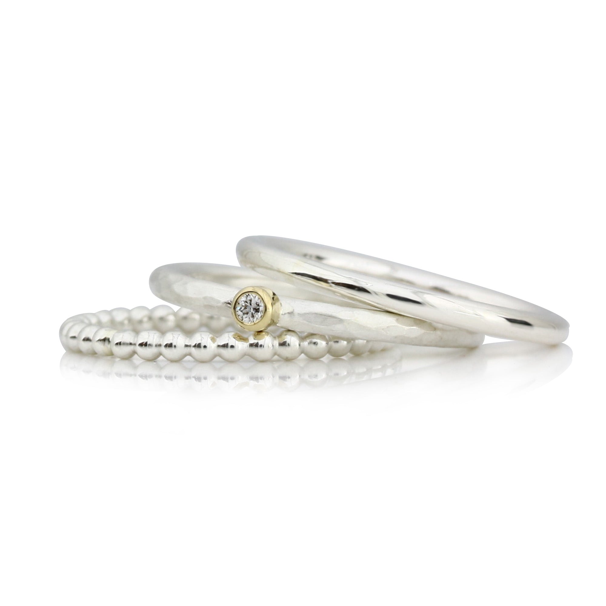 3 Silberinge im Set: Diamantring, Kügelchenring, polierter Ring
