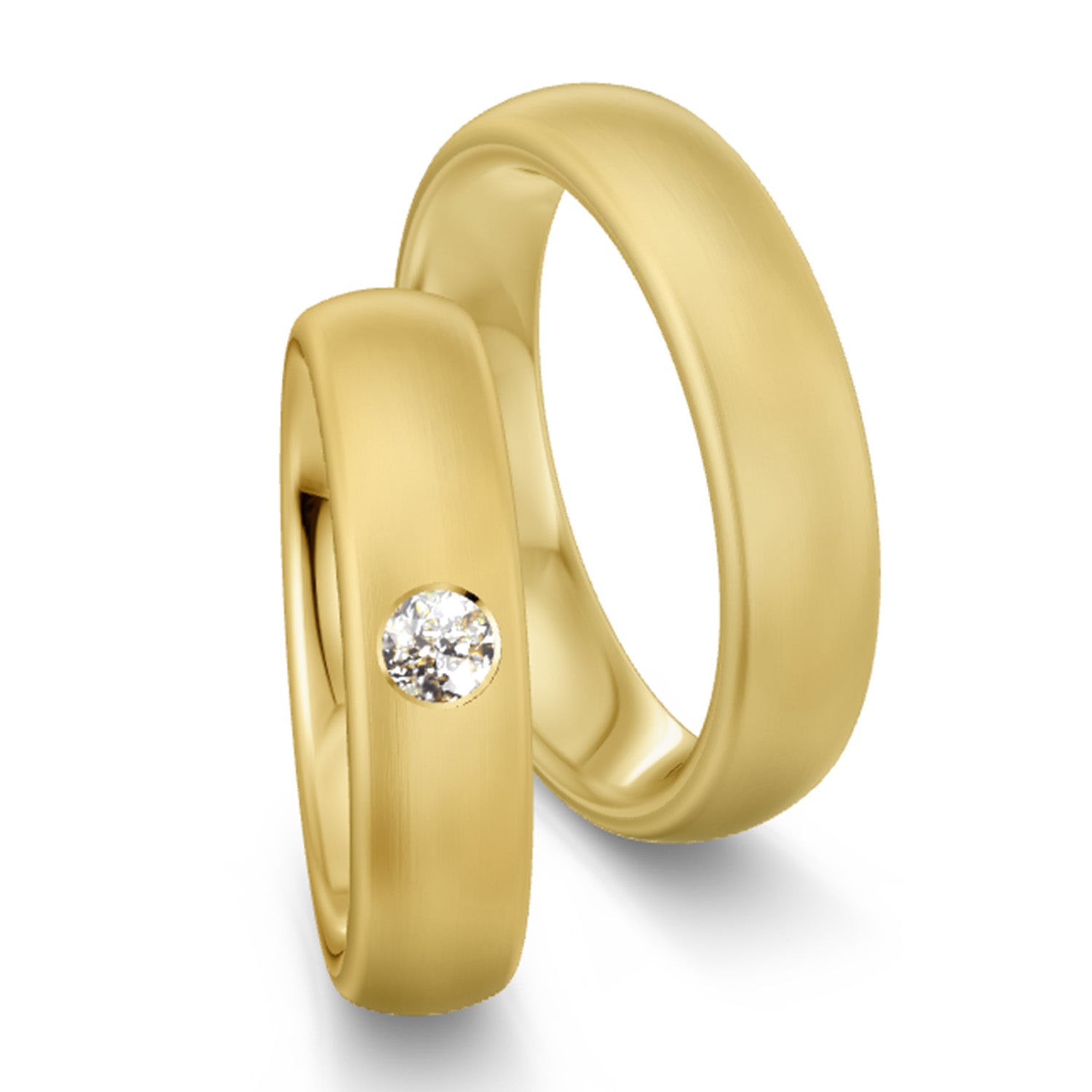 Trauringe aus Gelbgold, strichmatt, Damenring mit Diamant