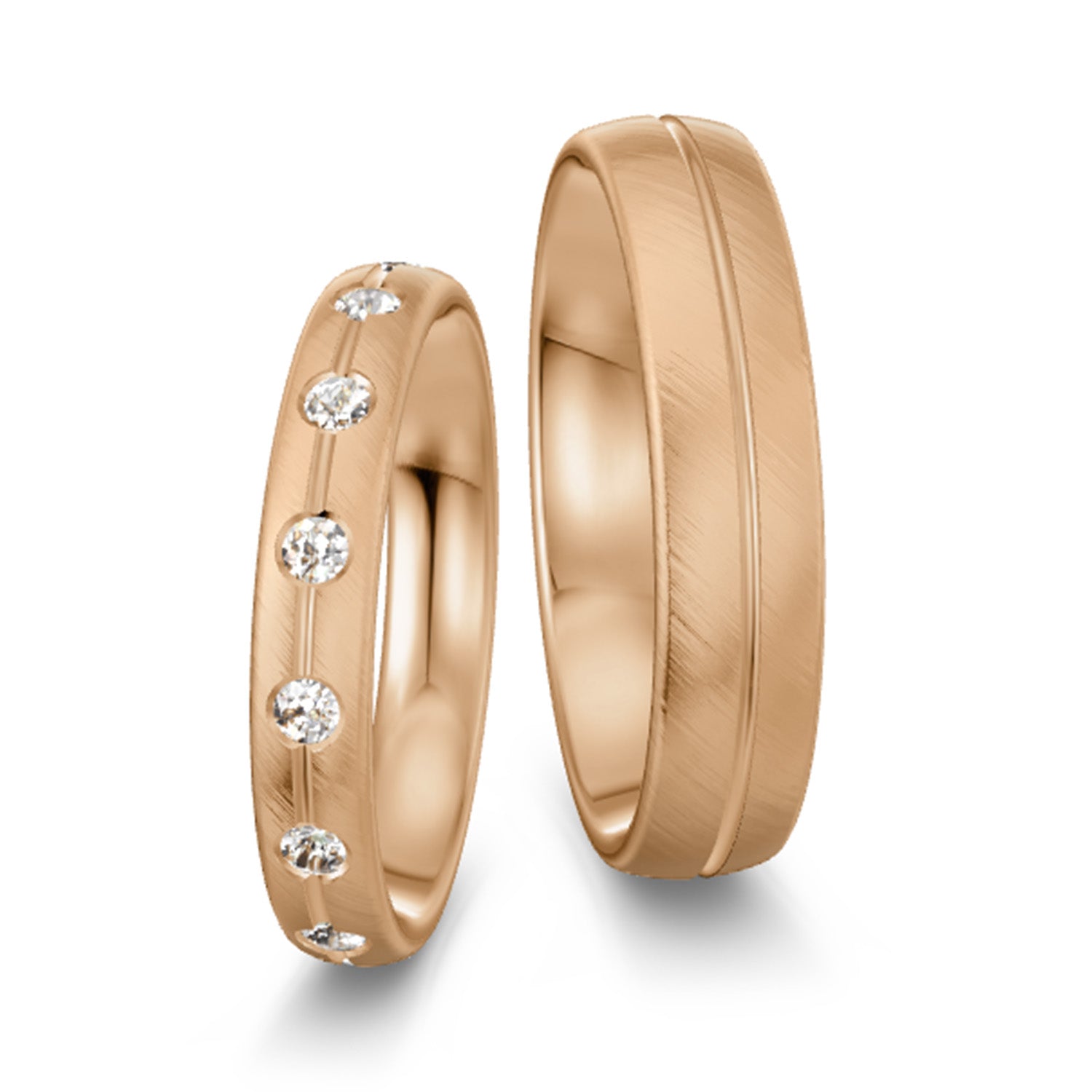 Eheringe in Roségold, Damenring mit Diamanten, Oberfläche schräg mattiert