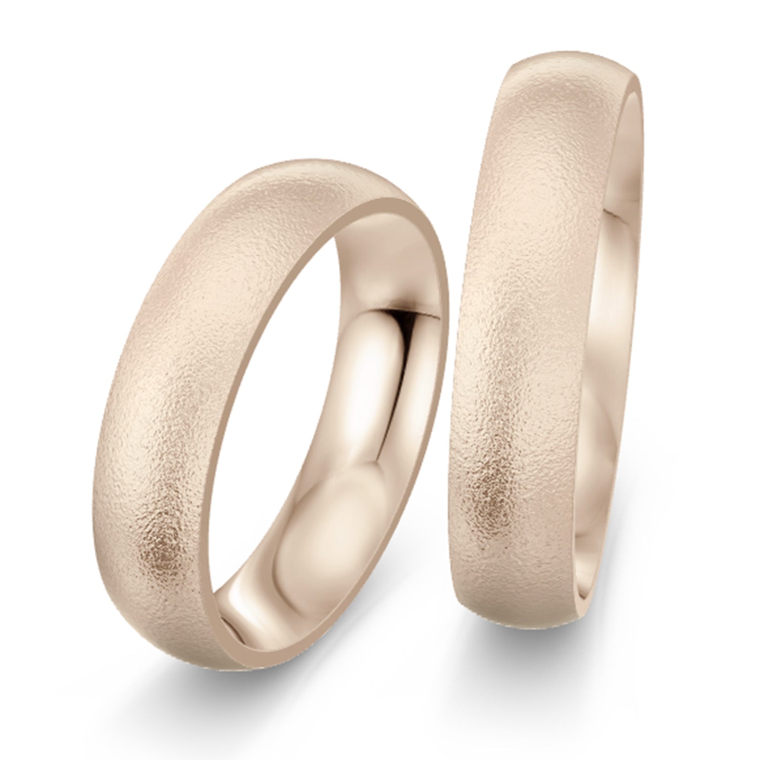 Trauringe mit seitlicher Kante in kühem Roségold mit schlagmattierter Oberfläche von Elke Mitscha