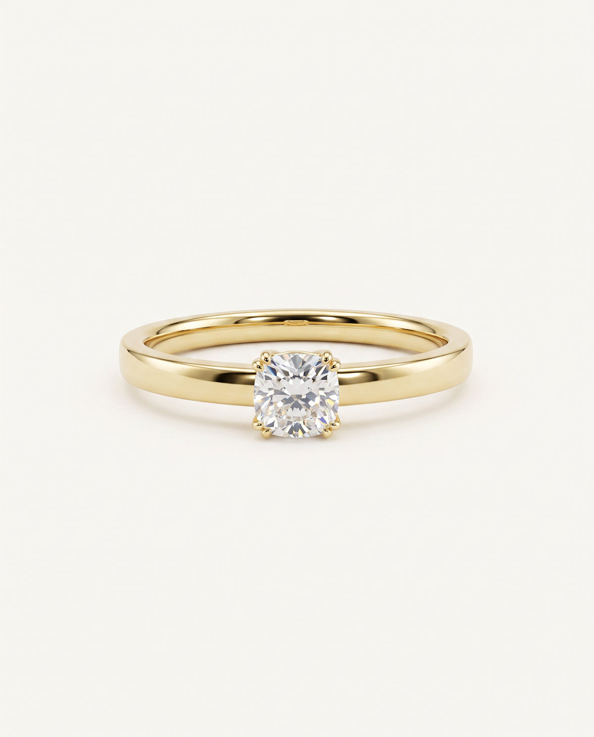Klassischer Verlobungsring, Ringschiene und Fassung Gelbgold mit Brillant, gefasst mit 4 Doppelkrappen in Chatonfassung