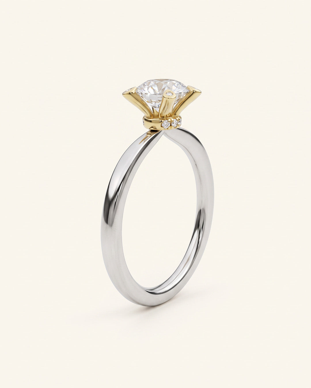 Verlobungsring aus zweifarbig, Ringschiene Platin, Fassung mit 1 ct Diamant und Krappen mit Diamantbesatz