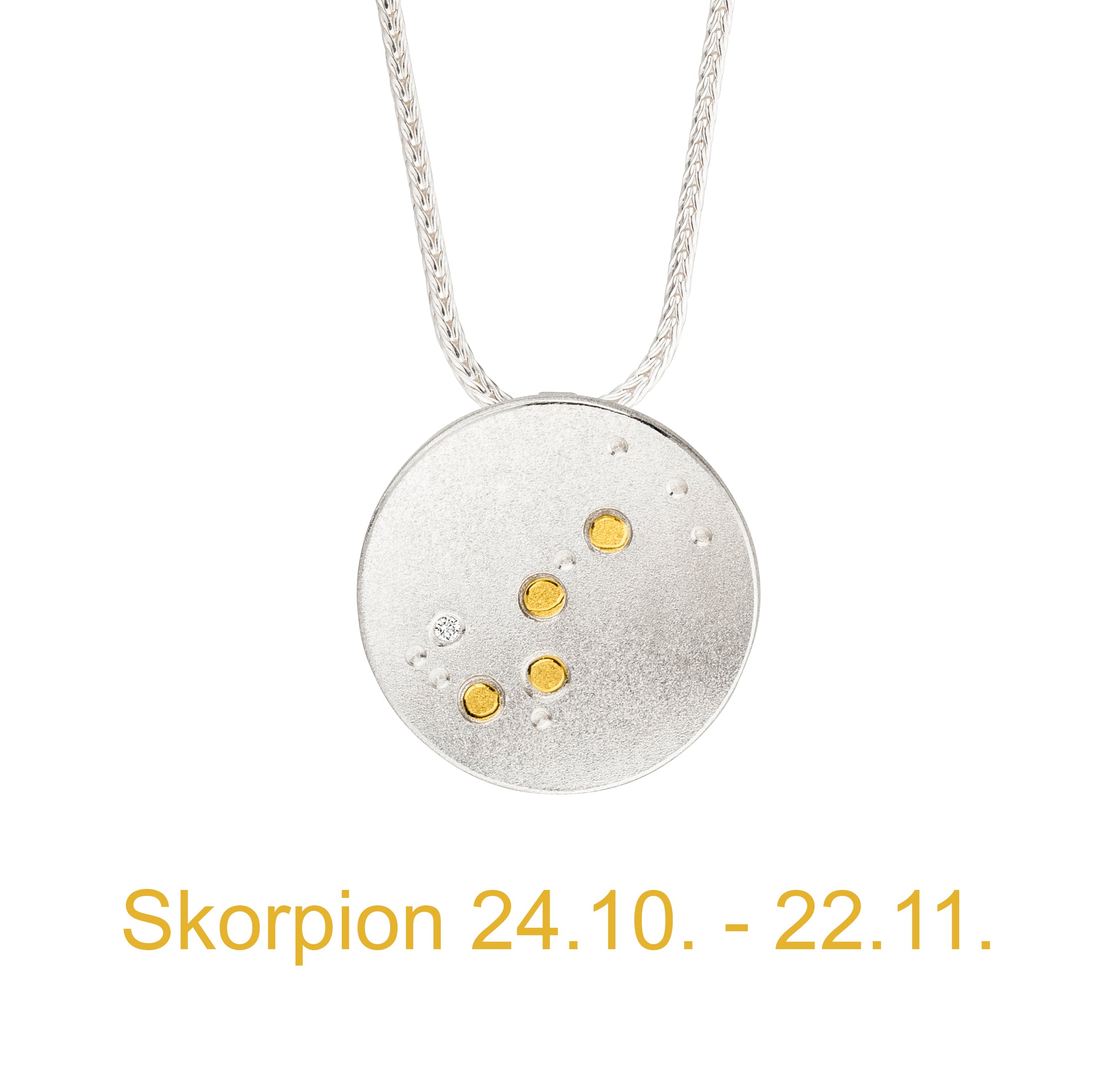 Kette mit Anhänger. Sternzeichen Waage von Manu in Silber mit Gold und Diamant. Sternbild, Sternenschmuck. Elke Mitscha Trauringe und Schmuck in St. Ingbert, Saarland.