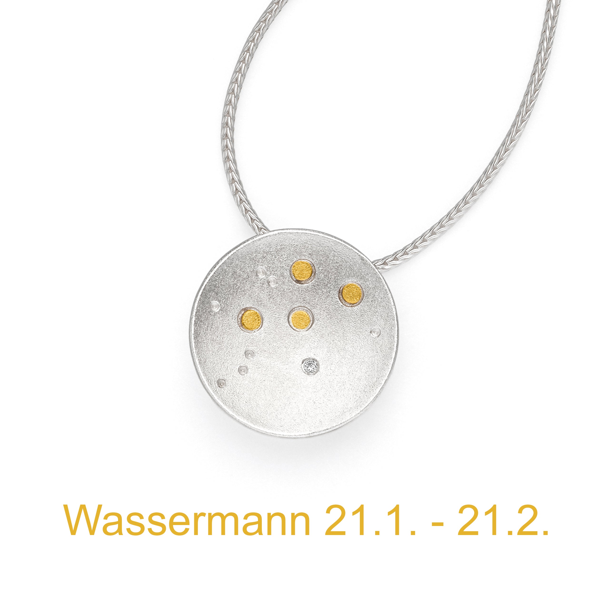 Kette mit Anhänger. Sternzeichen Wassermann von Manu in Silber mit Gold und Diamant. Sternbild, Sternenschmuck. Erhältlich bei Elke Mitscha Trauringe und Schmuck St. Ingbert, Saarland. Goldschmiede Saarland.