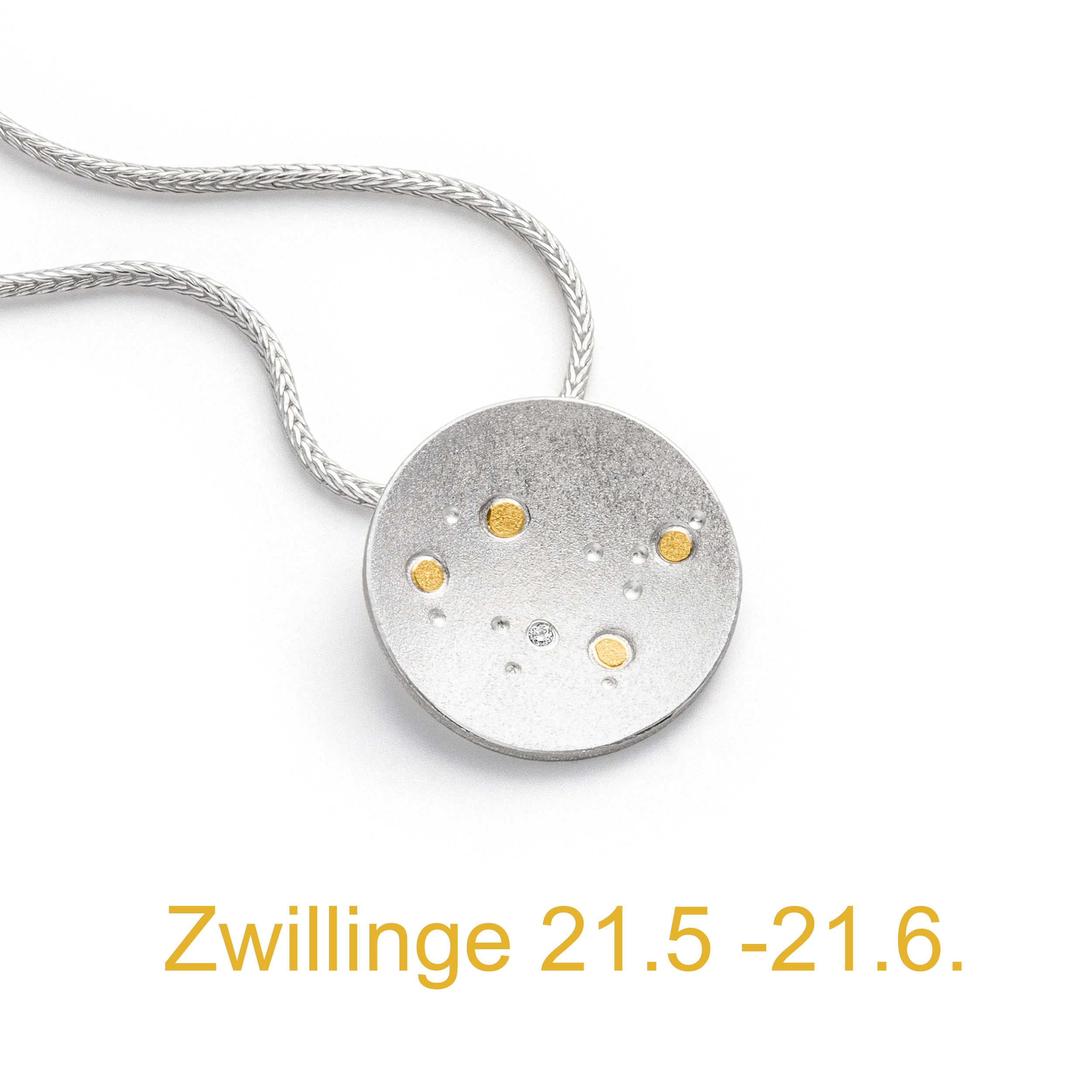 Kette mit Anhänger. Sternzeichen Zwillinge von Manu in Silber mit Gold und Diamant. Sternbild, Sternenschmuck.