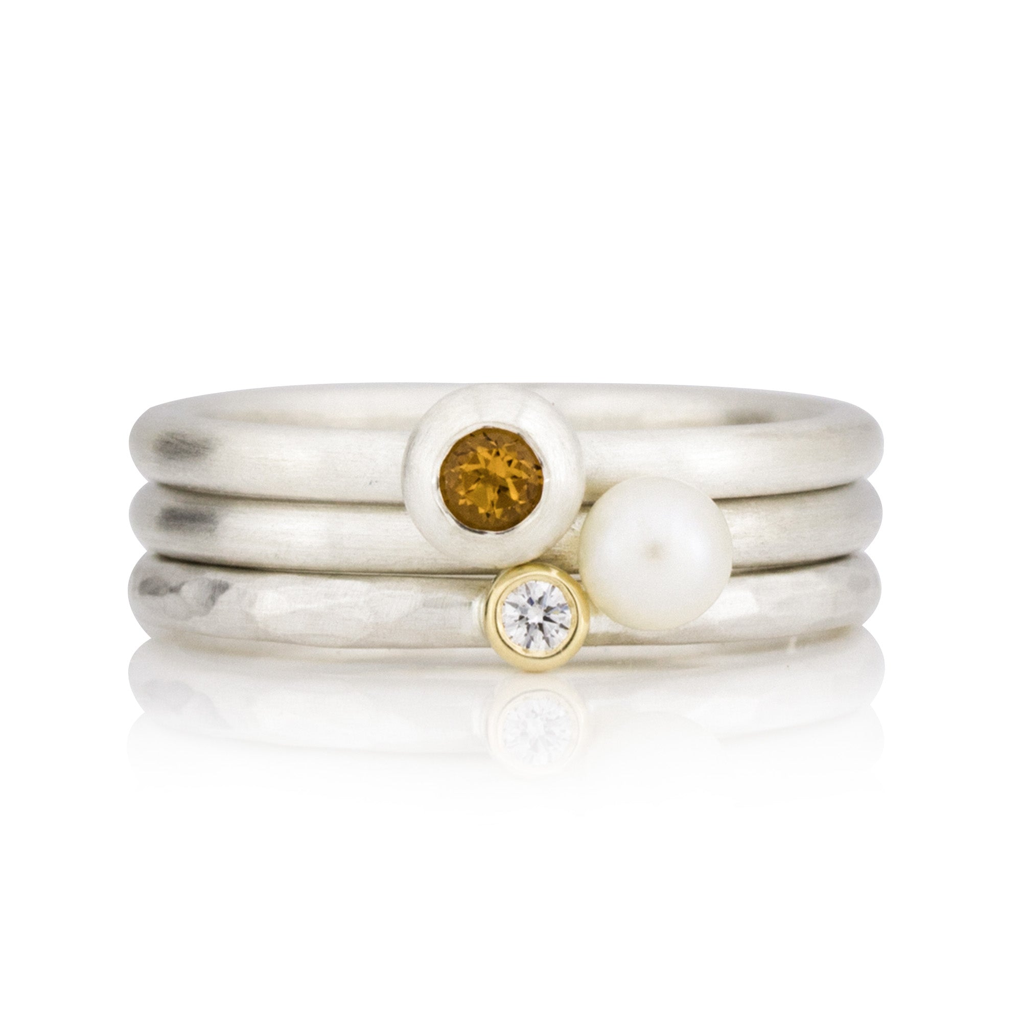 3 Silberringe im Set: Diamantring, Perlring, Citrinring