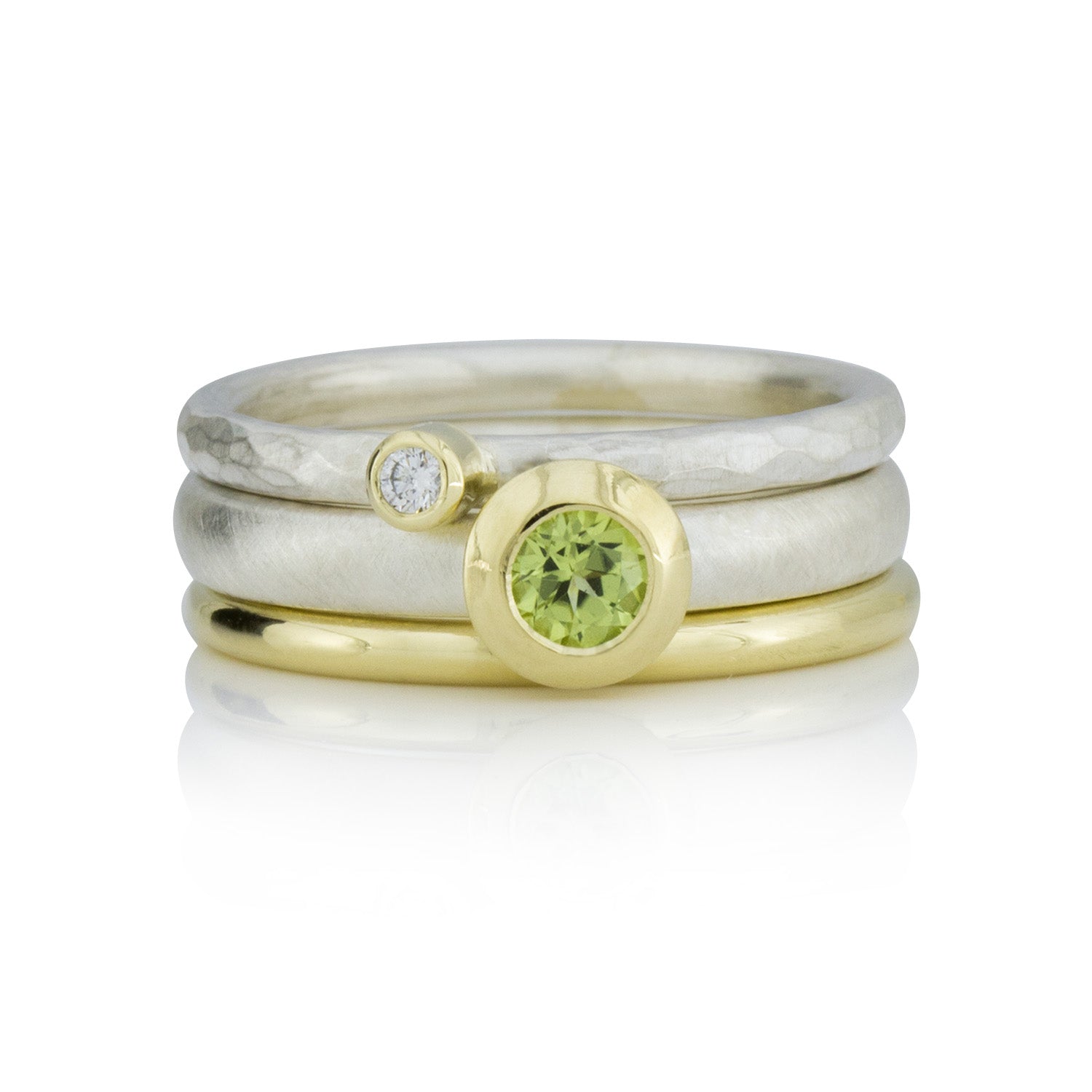 3 Silberinge im Set: Diamantring, glatter Goldring, Peridotring