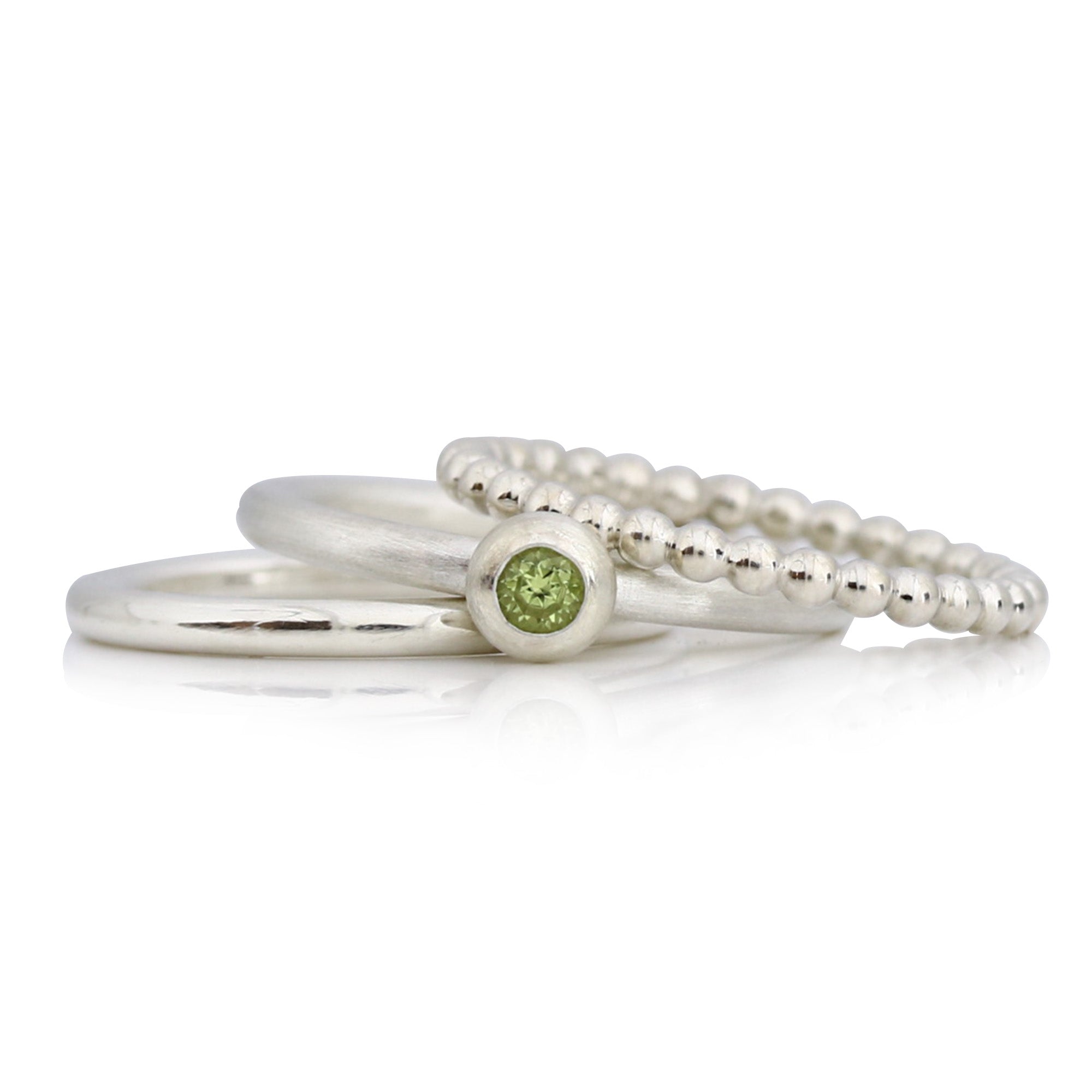 3 Silberringe im Set: Kugelring, Peridotring, polierter Ring